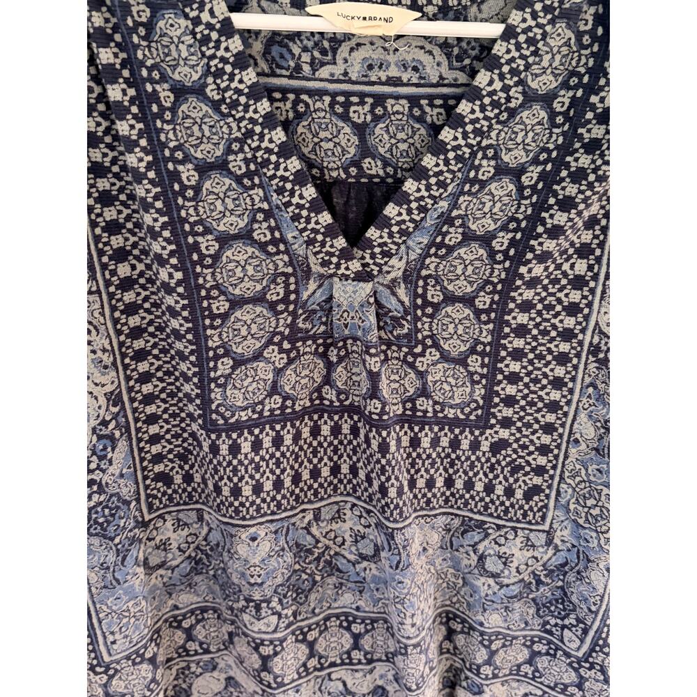 Lucky Brand Blue Boho Print Split Neck Short Sleeve Top Size Small - Picture 6 of 9